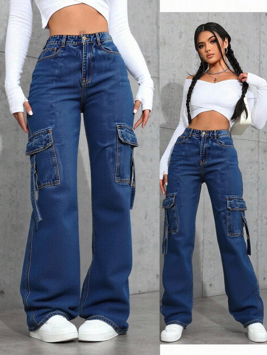 Pantalones vaqueros casuales de pierna recta en tejido plano con bolsillos cargo para mujer - Azul - Ver 1