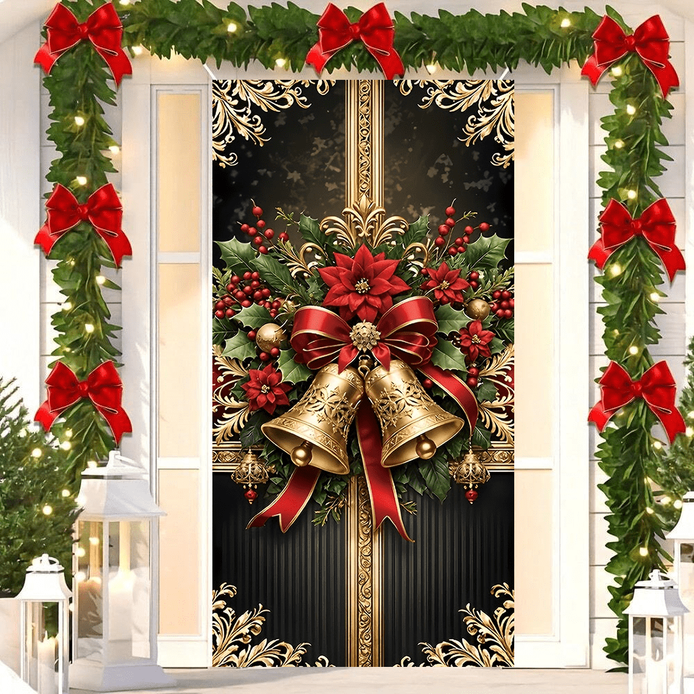 1 pieza Bandera de entrada de Navidad y Año Nuevo en 2D plano - Campana de Navidad, Decoración de puerta con tema navideño 2026, Decoración de cortina para reunión de invierno, Telón de fondo de fotografía de estudio para fiesta de Navidad, Decoración de patio, sala de estar, dormitorio, jardín y celebración del árbol de Navidad