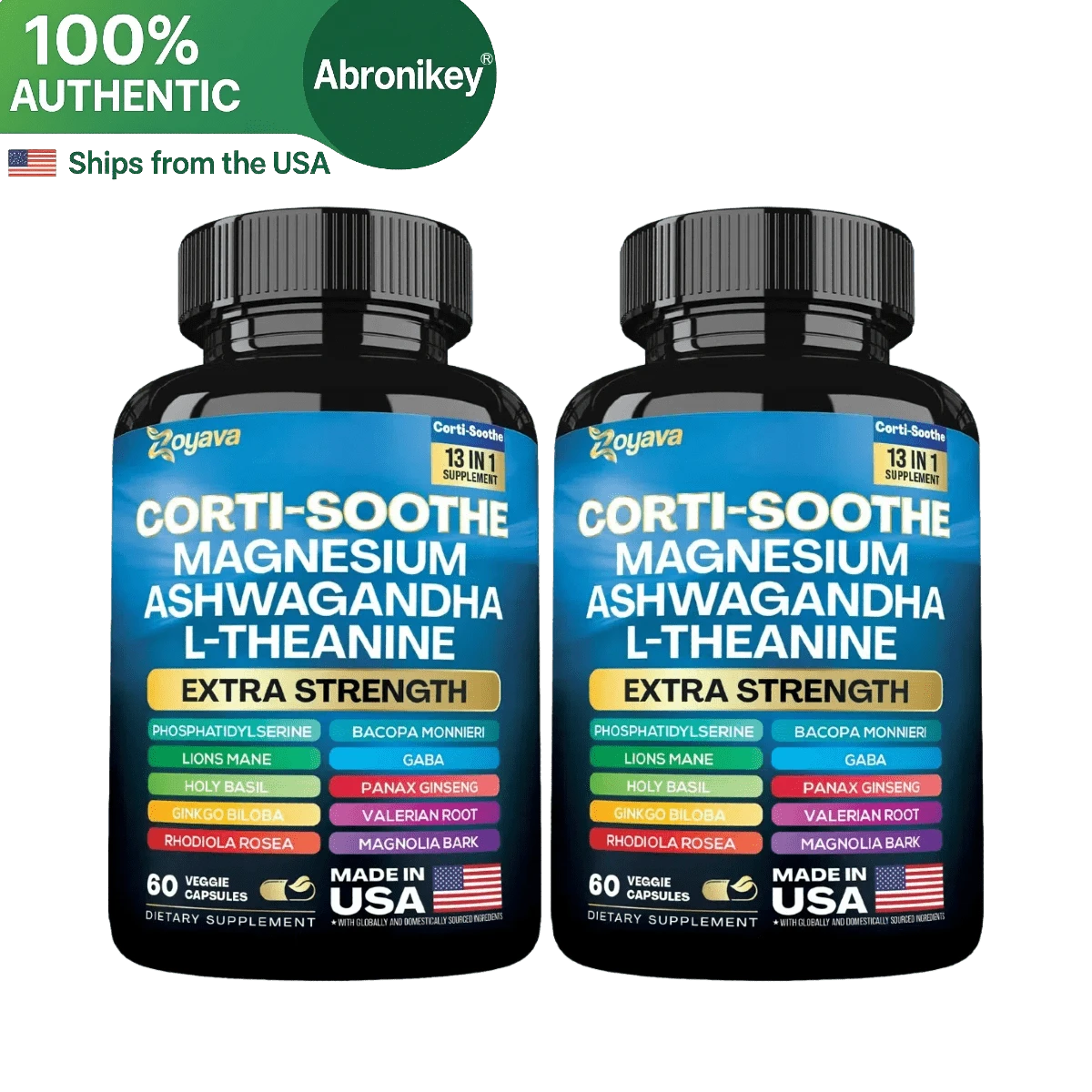 Abronikey 2 Bottles | Zoyava Corti-Soothe | All-In-One Cortisol Support Supplement | Magnesium, Ashwagandha, L-Theanine & 10+ Powerful Ingredients | 60 Capsules | Made In USA - 2 瓶 - 查看 1