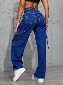 Pantalones vaqueros casuales de pierna recta en tejido plano con bolsillos cargo para mujer - Azul - Ver 2