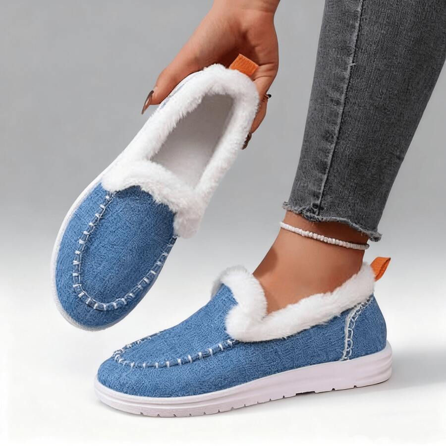 Women's Plush Slip-On Loafers, Furry Warm Slouchy Shoes, Low-Top Snow Boots,Perfect With Winter Clothes For Women - Màu xanh nhạt - Xem 1