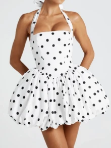 Women Sleeveless Halter Dress Summer Casual Tie Up Backless Corset Bubble Party Dress For Beach Club Streetwear - 彩色 - 查看 2