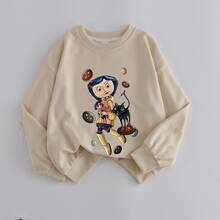 青少年女孩卡通印花运动衫圆领运动衫，适合女孩休闲舒适秋冬时尚服装可爱衣服 - 杏色 - 查看 3