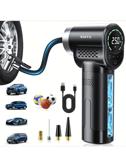 Bomba de ar portátil sem fio para pneus de carro, bomba de ar elétrica, parada total, compressor de ar com display LED, inflador multifuncional, bateria recarregável USB de grande capacidade, bateria de lítio, adequada para carros, bicicletas, bolas