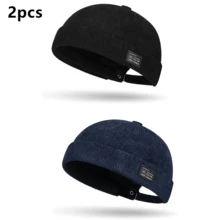 Mũ len nhung kẻ unisex phối da, mũ beanie màu trơn kiểu Nhật, mũ tang cổ điển, phù hợp cho cả nam và nữ, phong cách Hàn Quốc thường ngày cho mùa thu/đông. - A - Xem 22