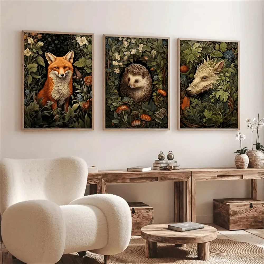 3 pièces Affiche sur canevas vintage sans cadre, peinture inspirée de William Morris représentant une sombre fantasie florale de cottage, d'animaux de la forêt. Œuvre murale, peinture murale pour cadeau, chambre, bureau, salon, café, bar, décoration murale, décoration de maison et de dortoir