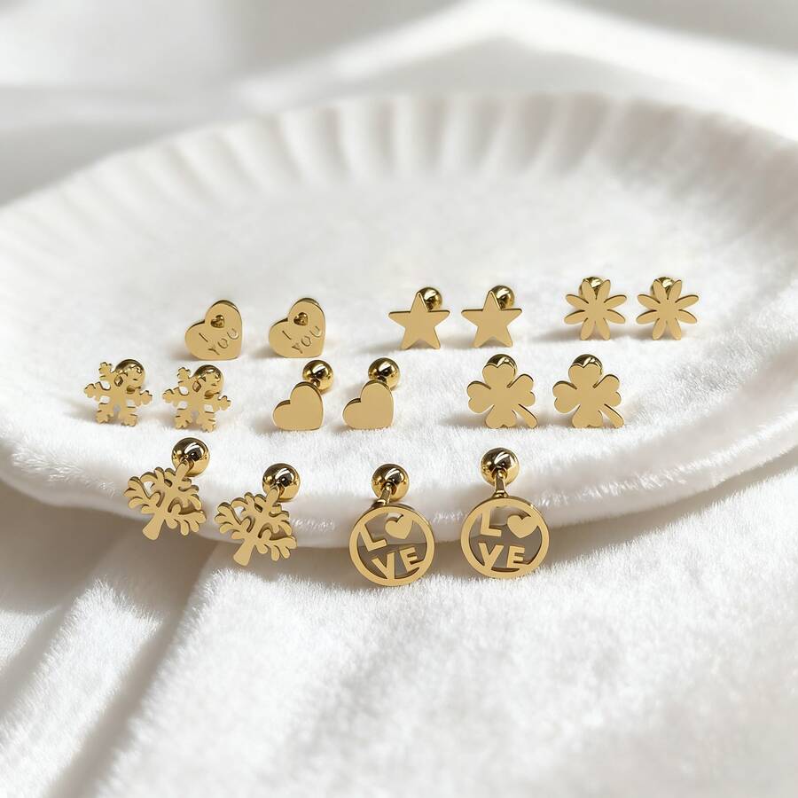 不锈钢圣诞树耳环、星形螺旋球螺纹耳环、钛钢防过敏简约雪花耳夹穿孔首饰、圣诞耳环 - 1對裝/金色擰球耳環[隨機髮] - 查看 1