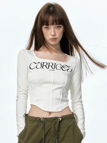 女士休闲日常字母图案圆领修身长袖T恤 白色 春季 - 白色 - 查看 3