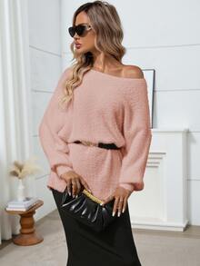 Plus Size Solid Color Batwing Sleeve Loose Pullover Sweater, For Winter
