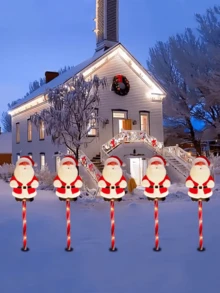 5 piezas Postes de lámpara LED con Papá Noel alimentados por energía solar, luces de decoración de cuento de hadas cálido adecuadas para Navidad/decoración de campamento/jardín exterior/cerca/camino/césped/fiesta festiva - Iluminación de paisaje de hitos. ¡Las luces solares de Papá Noel para el jardín exterior crean el ambiente navideño ideal!