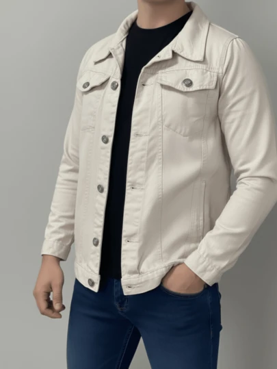 Jaqueta Jeans Masculina Com Fechamento Em Botões de Ferro Bege