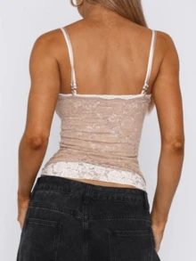 Women Lace Slim Fit Cami Top Low Cut Sheer Mesh Backless Spaghetti Strap Crop Tank Top Summer Y2K Going Out Top - 杏色 - 查看 5