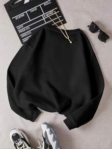 Plus Size Women Casual Graphic Print Crew Neck Pullover Sweatshirt - Black - View 2