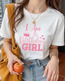 Camiseta estampada, print cita " I Am the Birthday GIRL " soy la del cumpleaños cumpleañera la chica del cumple corazones hearts corona crown , playera manga corta cuello redondo para mujer, blusa gráfica corte regular casual elástica. Ajuste cómodo para uso diario - Blanco - Ver 1