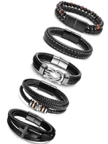 Yanxyad 1/5 件男士手链皮革和钢编织袖口手链，男女款黑色皮革手链 - 黑色 - 查看 6