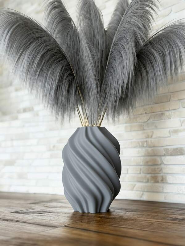 Vaso de flores de plástico curvo moderno com capim-dos-pampas artificial, decoração minimalista para casa, centro de mesa com design cinza torcido para casamento, sala de estar, decoração de mesa de escritório, presente de inauguração