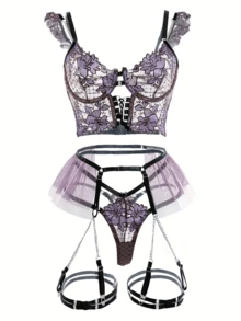 SOFUSEN 3 Pcs Romantic Vibe Pick Purple Floral Embroidery Lingerie Set,Underwire Sheer Gauze Deep V Off - Shoulder Bra, Thong & Chain Garter Belt, Uniform Temptation Style, Ideal Gift For Valentine's Day - Màu tím - Xem 2
