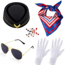 5pcs/Set Holiday Themed Flight Attendant Hat, Scarf, Brooch, Gloves, Glasses Cosplay Accessories, Retro Stewardess Outfit,Halloween