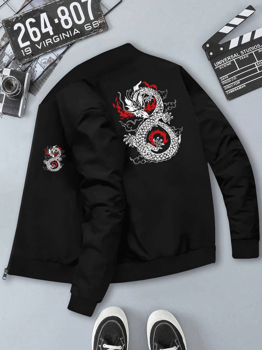 Men's Stylish Dragon Graphic Print Varsity Jacket, Casual Round Neck Long Sleeve Sportswear Outerwear, Street Style Lightweight Active Coat For Men Fashion - 黑色 - 查看 1