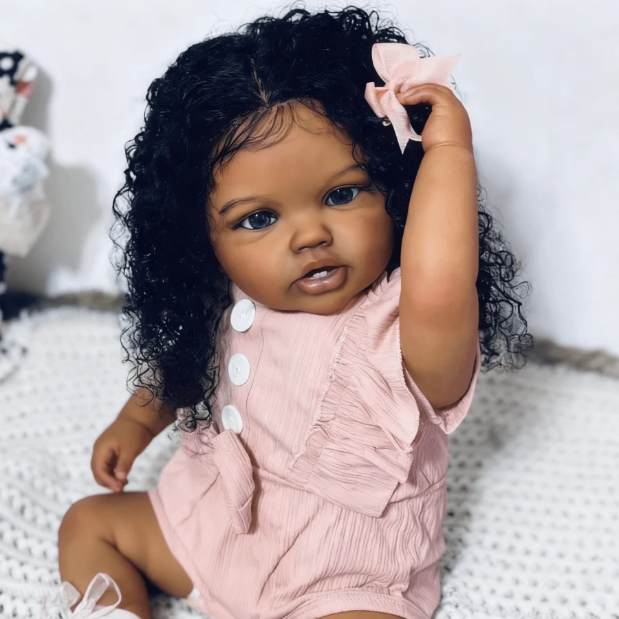 Lifelike Lovely Toddler Dolls Girl 24 Inch 58 Cm Realistic Adorable Newborn Babies Handmade Black Skin Soft Cloth Body Implanted Curly Hair Toddler Birthday Gift For Kids 3+ Girls Boys - 彩色 - 查看 1