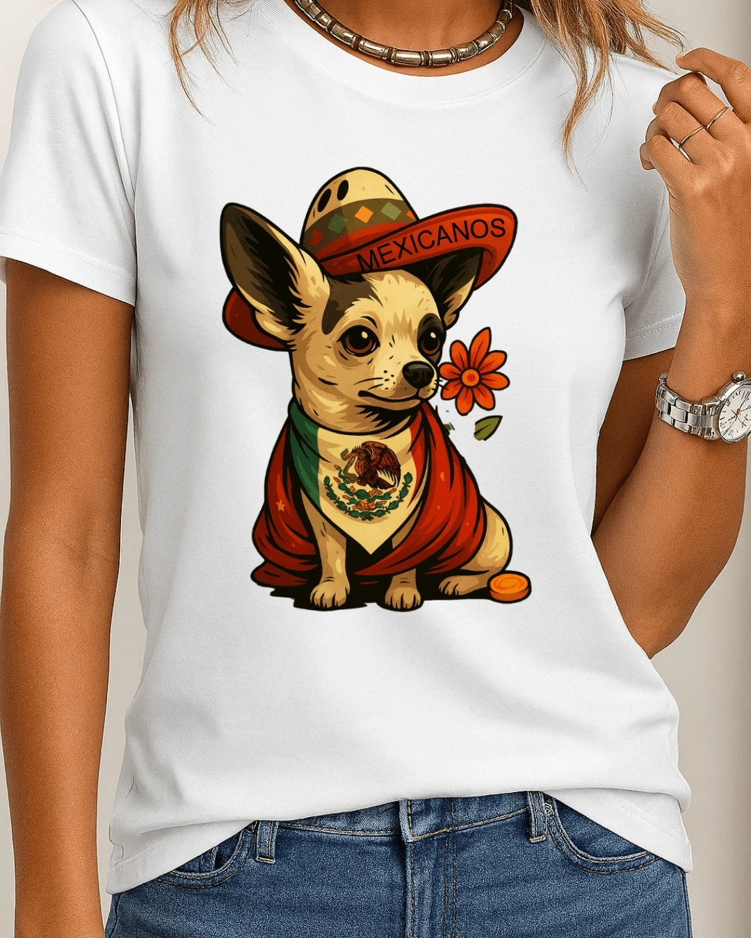 Camiseta estampada manga corta cuello redondo hermoso gráfico lindo chihuahua mexicano y flores para mujer, blusa gráfica corte regular casual, playera elástica. Ajuste cómodo para uso diario - Blanco - Ver 1
