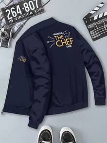 Men's Athletic Style Jacket With The Chef Is Here Graphic Print, Round Neck Pullover Outerwear, Casual Activewear Top For Everyday Wear & Exercise, Comfortable Fit. - Màu xanh hải quân - Xem 1