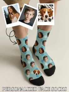 1PC Unisex Customizable Portrait And Polka Dot Pattern Light Blue And Black Comfortable Casual Socks, Suitable For Daily Wear Or As A Gift For Pet Lovers, Available In Multiple Colors, An Excellent Gift For Friends On Birthdays And Holidays