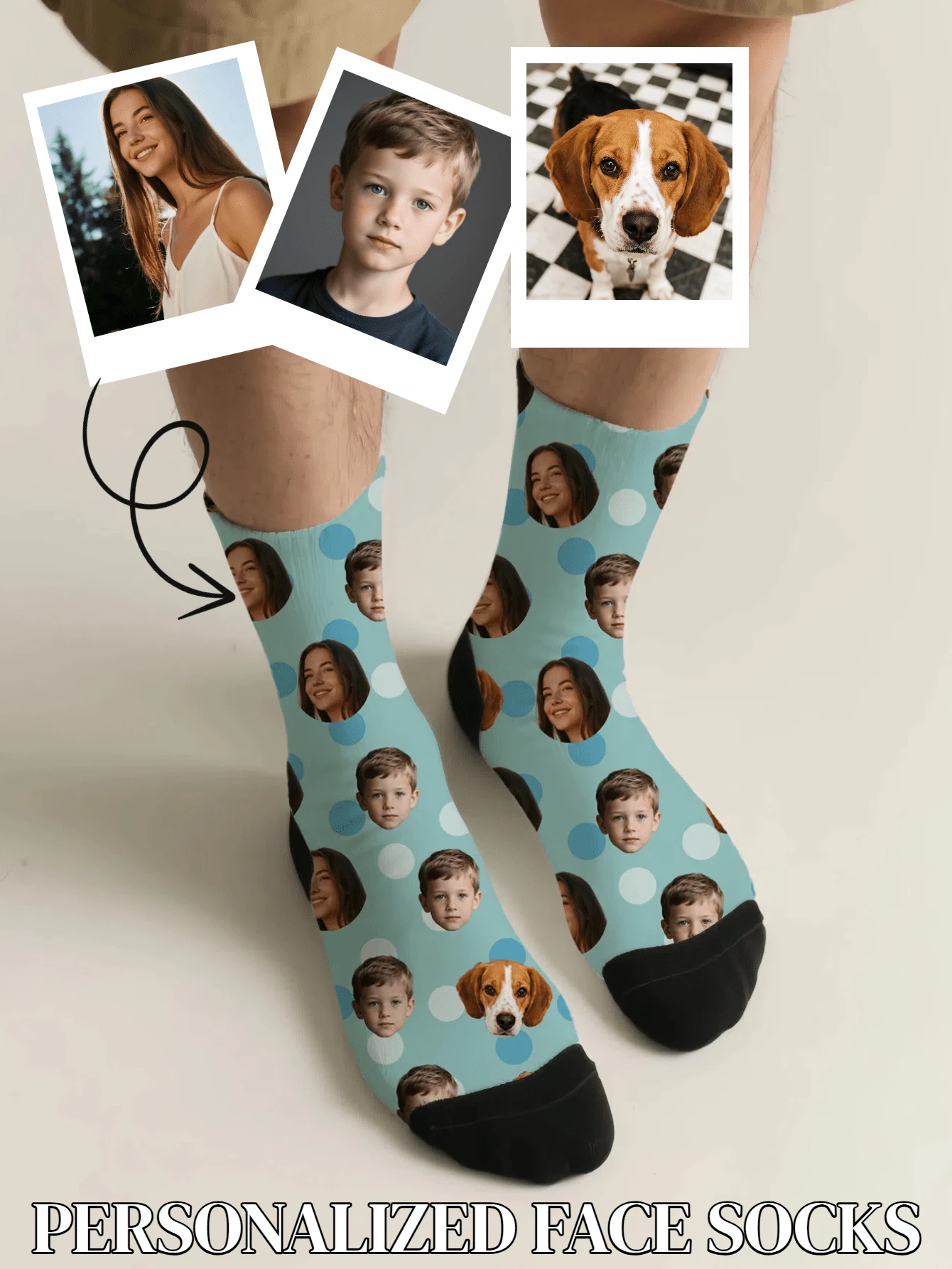 1PC Unisex Customizable Portrait And Polka Dot Pattern Light Blue And Black Comfortable Casual Socks, Suitable For Daily Wear Or As A Gift For Pet Lovers, Available In Multiple Colors, An Excellent Gift For Friends On Birthdays And Holidays