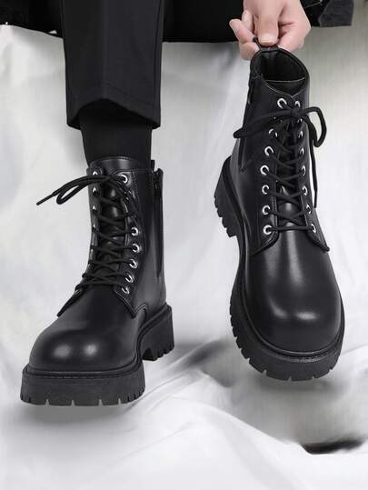 Herrmode Höga ankelstövlar med dragkedja i sidan, snörning, Tjock sula, Slitstarka, Vintage motorcykelstövlar, Vinter utomhus