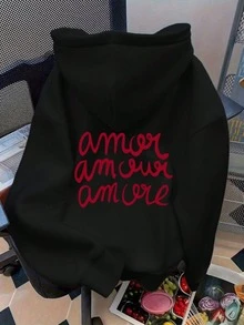 Novidades Outono/Inverno 2025, Estampa de Letras, Moletom Feminino com Capuz e Comprimento Regular, Para Saídas à Noite/Diário/Rua/Viagem/Brunch/Show Country/Aeroporto, Roupas Femininas Outono/Inverno, Roupas Outono/Inverno, Roupas de Volta às Aulas, Baile de Boas-Vindas, Roupas de Professora para Mulheres, Blusas para Sair, Roupas Casuais de Negócios para Mulheres