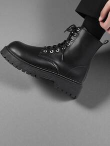 男士时尚侧拉链系带高帮踝靴，厚底，耐磨，复古摩托车靴，户外冬季 - 黑色 - 查看 6