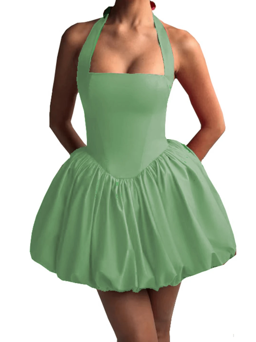 Women Sleeveless Halter Dress Summer Casual Tie Up Backless Corset Bubble Party Dress For Beach Club Streetwear - 綠色 - 查看 1