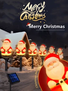 5 piezas Postes de lámpara LED con Papá Noel alimentados por energía solar, luces de decoración de cuento de hadas cálido adecuadas para Navidad/decoración de campamento/jardín exterior/cerca/camino/césped/fiesta festiva - Iluminación de paisaje de hitos. ¡Las luces solares de Papá Noel para el jardín exterior crean el ambiente navideño ideal!