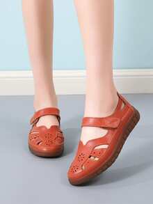 Sandalias planas de cuero genuino para mujer, zapatos tipo pescador de punta cerrada, zapatos cómodos y casuales de verano, zapatos de trabajo, zapatos para caminar a diario, sandalias deslizantes de calidad de piel de vaca con diseño calado para mujer - Naranja - Ver 7