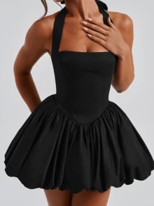Women Sleeveless Halter Dress Summer Casual Tie Up Backless Corset Bubble Party Dress For Beach Club Streetwear - 黑色 - 查看 5