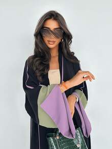 万圣节撞色袖口长款开衫长袍，宽松修身优雅外套，女巫风格黑色拼布设计外套 - 黑色 - 查看 6