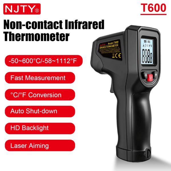 NJTY 1 Stück Handgehaltenes digitales Infrarot-Thermometergerät für Kochen, Grill und Motor - Genauer Laser-Oberflächentemperatur-Messgerät, Bereich -50°C bis 600°C, orange mit schwarzen Akzenten, LCD-Display, batteriebetrieben (2 AAA nicht enthalten), Motortemperatur-Prüfer | Schlankes Handthermometer | Bequemer Griff