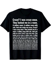 ¿Loco?Camiseta gráfica "I Was Crazy Once" - Negra, 100% algodón, cuello redondo casual, diseño de habitación de goma con ratones, perfecta para amigos papá, tallas S-XXXL, ropa casual|Camiseta humorística|Tela elástica - Negro - Ver 2