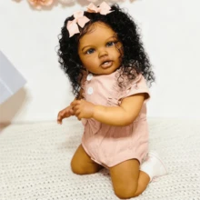 Lifelike Lovely Toddler Dolls Girl 24 Inch 58 Cm Realistic Adorable Newborn Babies Handmade Black Skin Soft Cloth Body Implanted Curly Hair Toddler Birthday Gift For Kids 3+ Girls Boys - 彩色 - 查看 5