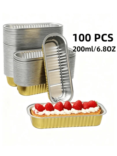 50个/100个 6.8盎司/200毫升迷你铝箔吐司模具，一次性烘焙杯，适用于圣诞节，长方形烘焙容器，厨房用品，松饼衬垫，甜点，蛋奶冻，布丁，果冻杯，适合圣诞烘焙蛋糕、面包、派对食品摆盘
