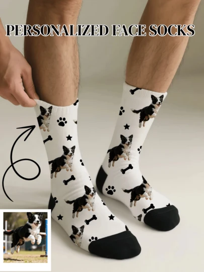 1 Pair Unisex Personalized Pet Dog Portrait Pattern Comfortable Casual Socks, Suitable For Pet Lovers, Birthdays, Holidays And Other Occasions