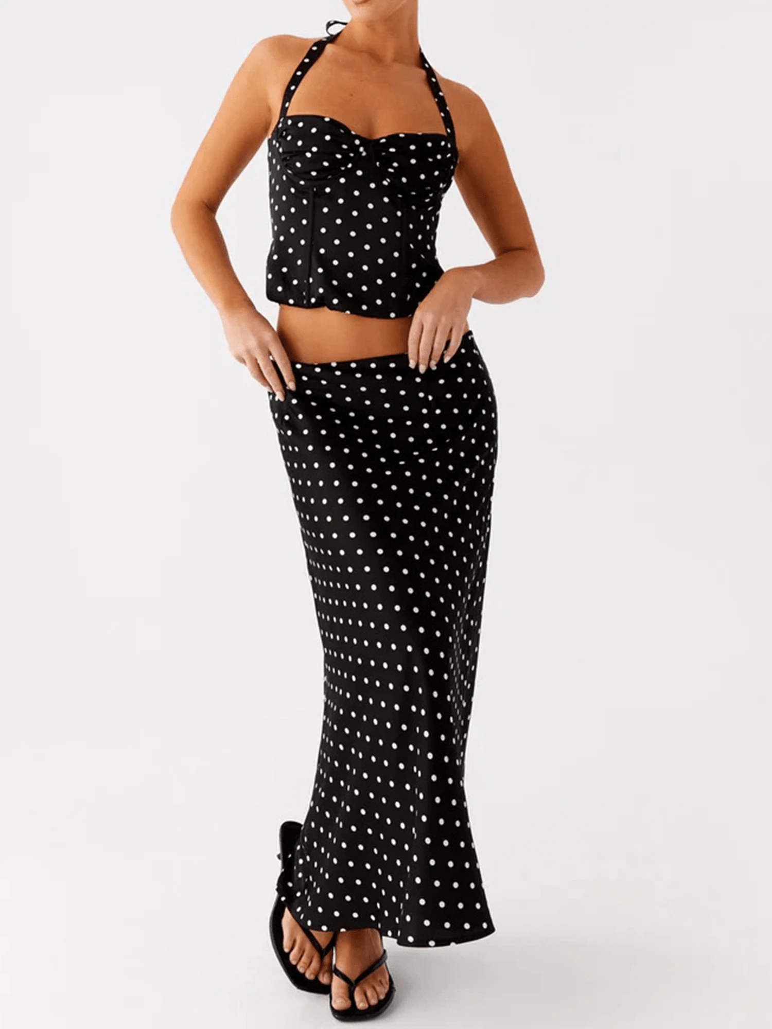 Women Polka Dot Skirts Set Sleeveless Halter Neck Slim Fit Crop Top Bodycon Maxi Skirt Sets Summer Outfits - 黑色 - 查看 1