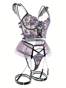 SOFUSEN 3 Pcs Romantic Vibe Pick Purple Floral Embroidery Lingerie Set,Underwire Sheer Gauze Deep V Off - Shoulder Bra, Thong & Chain Garter Belt, Uniform Temptation Style, Ideal Gift For Valentine's Day - Màu tím - Xem 1