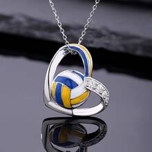 1Pc Volleyball Interlocking Heart Pendant Necklace, Charming Sporty Jewelry For Girls Sport Lovers, Heart Shape Fresh Lively Soft Romantic Vibe, Slim Easy Match Daily Outfits Beach Graduation Trip Holiday Camping, Stylish Everyday Fashion Accessory - Silver - View 2