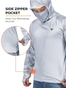 RODEEL Sun Hoodie Shirts W/ Removable Mask Neck Gaiter Men UPF 50+ UV Protection Long Sleeve Lightweight Quick Dry Moisture Wicking Breathable Cooling Athletic Activewear For Outdoor Hiking Fishing Construction Roofing Landscaping Work, Gifts For Men - 淺灰色 - 查看 4