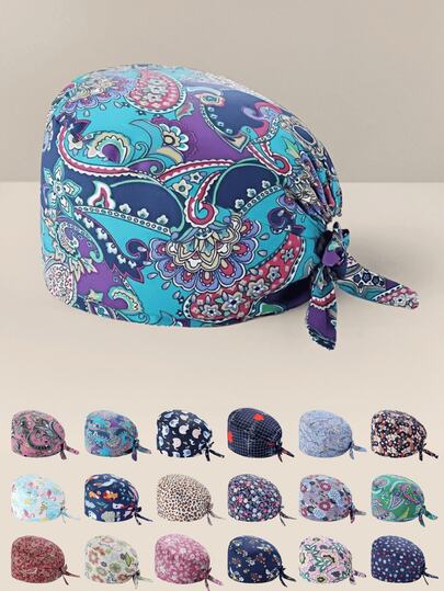 1pc Women's High-Quality Floral, Animal, Cartoon Digital Print Tie-Design Work Cap/Nurse Cap, Anti-Bacterial & Anti-Dust, Elastic Back Design, Suitable For Doctors, Nurses, And All Hospital, Beauty Salon, Veterinary Clinic Workers