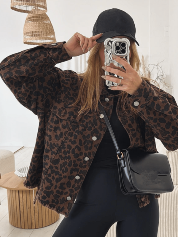Women's Leopard Print Frayed Hem Loose Casual Denim Jacket