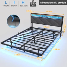Letto sospeso 140x190 cm con struttura letto, letto volante con illuminazione a LED e porte USB, letto matrimoniale con contenitore, struttura letto in metallo, grigio