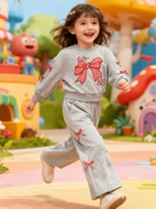 Girls Cute Casual Pullover Set, Girls Loose Fit Sweatshirt Two Pieces Outfit With Bow Decor, Spring/Autumn