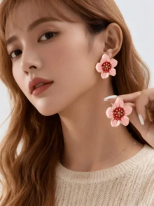 1 对优雅花卉多巴胺风格女士耳环，彩色珐琅涂层，时尚百搭，适合日常佩戴，是情人节送给女士的绝佳礼物 - 金色1 - 查看 6